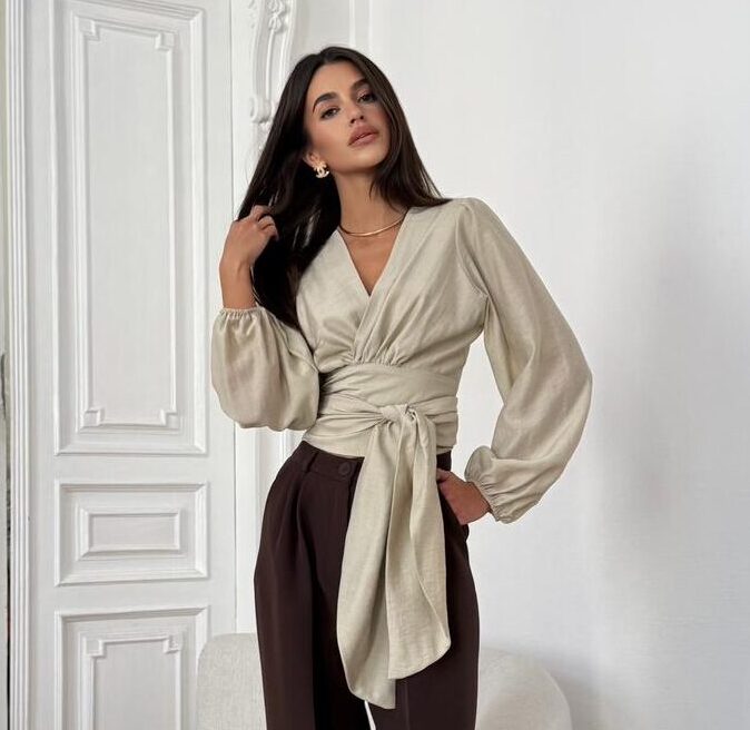 Koszula krótka wiązana oliwkowy beż