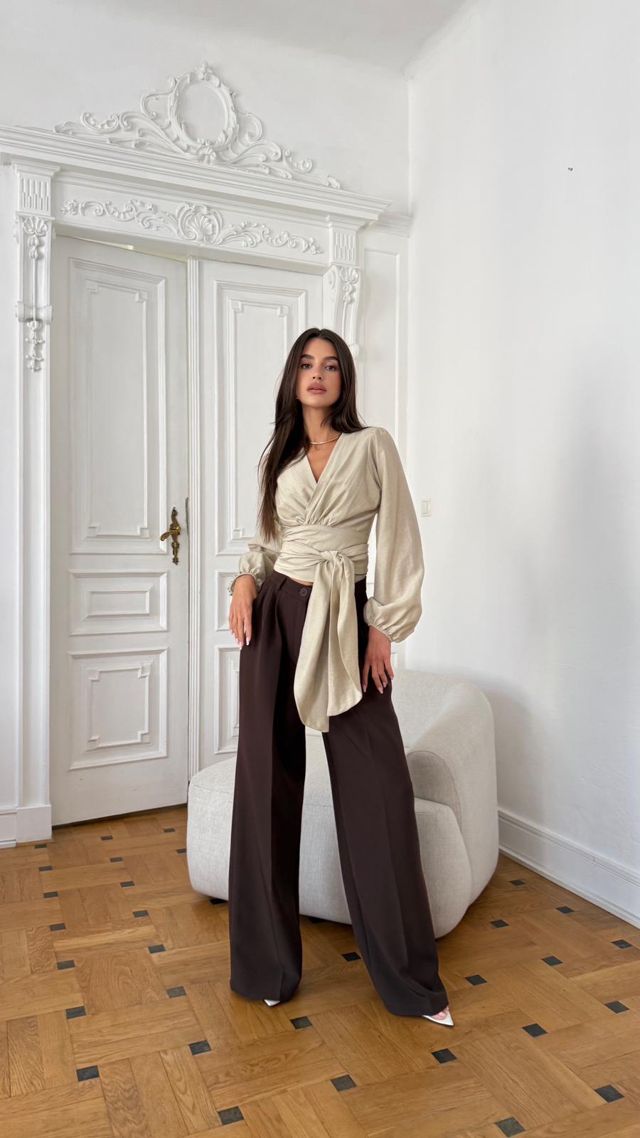 Koszula krótka wiązana oliwkowy beż - obrazek 4