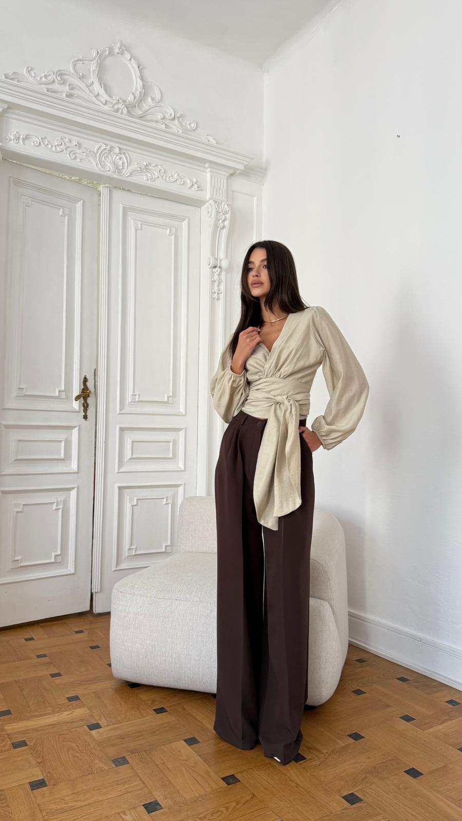 Koszula krótka wiązana oliwkowy beż - obrazek 5