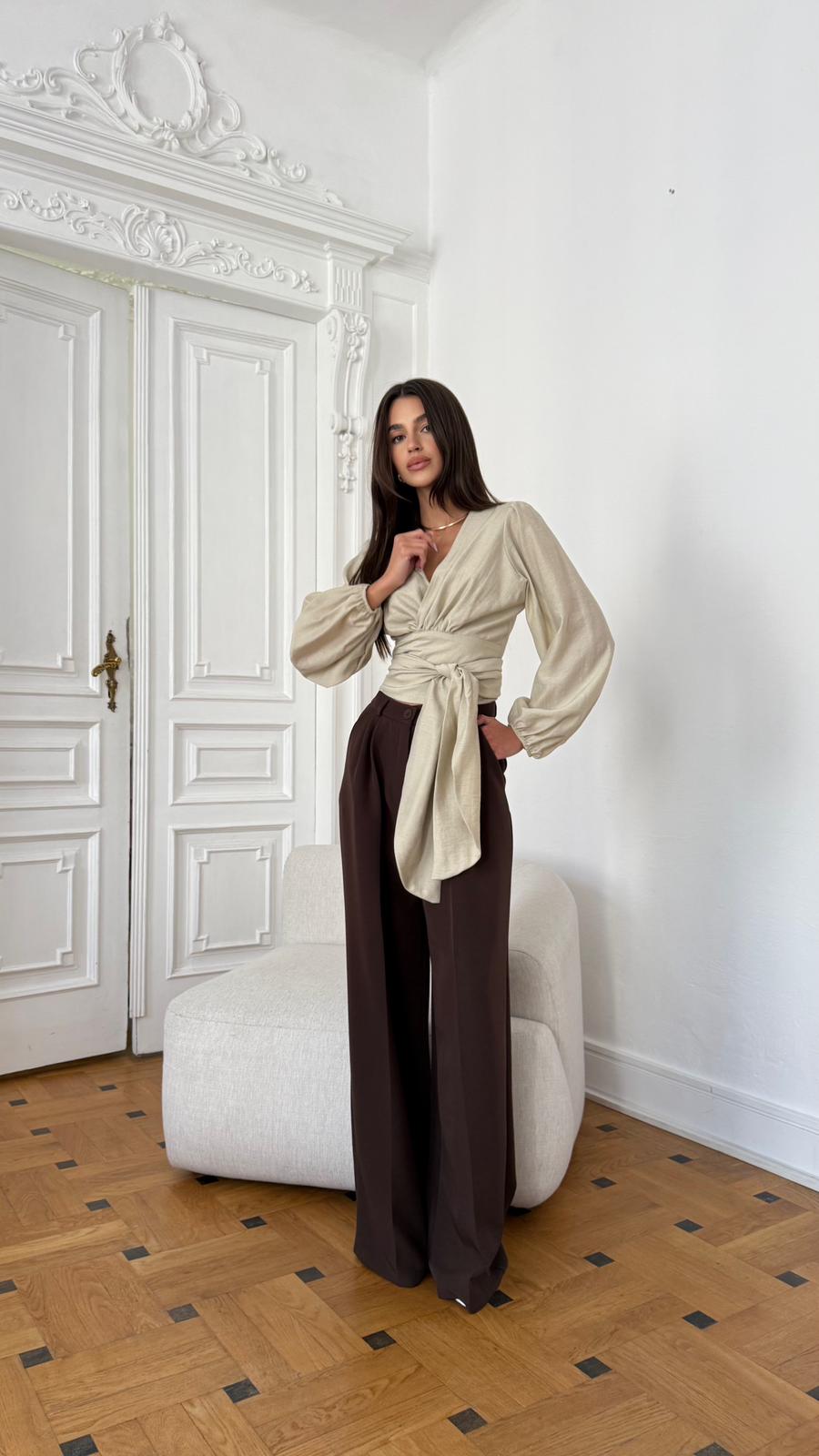 Koszula krótka wiązana oliwkowy beż - obrazek 7