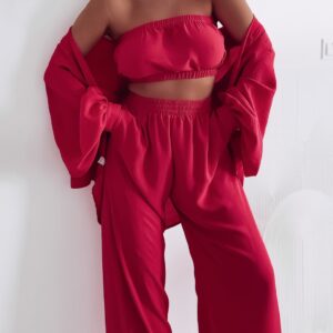 Komplet 3-częściowy (koszula, spodnie, top) malinowa czerwień