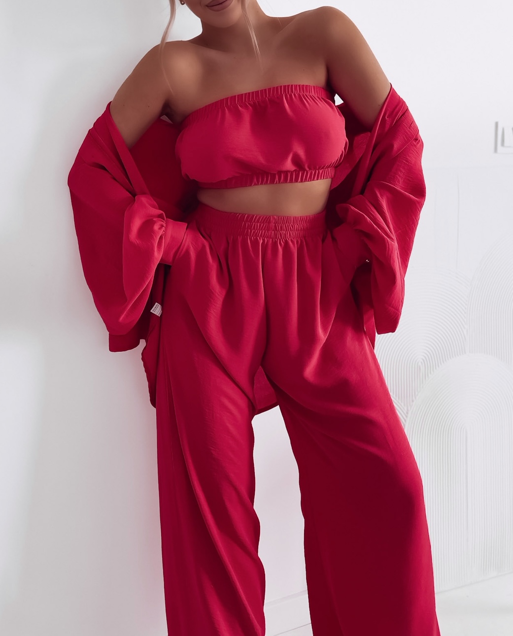Komplet 3-częściowy (koszula, spodnie, top) malinowa czerwień