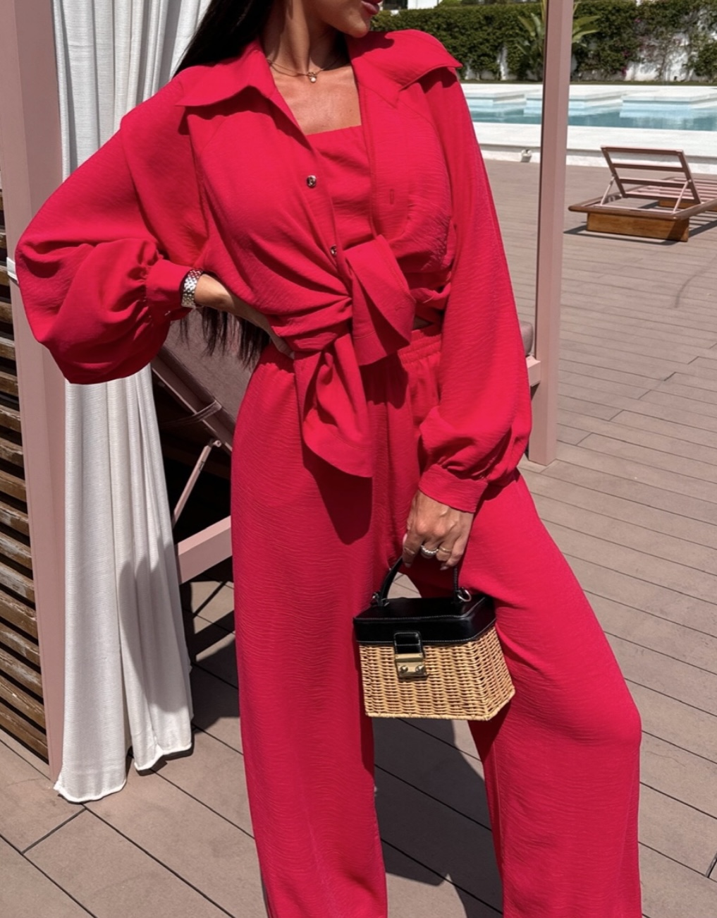 Komplet 3-częściowy (koszula, spodnie, top) malinowa czerwień - obrazek 5