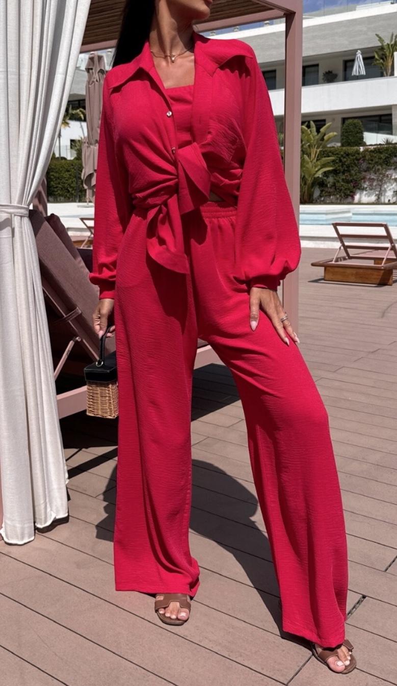 Komplet 3-częściowy (koszula, spodnie, top) malinowa czerwień - obrazek 4