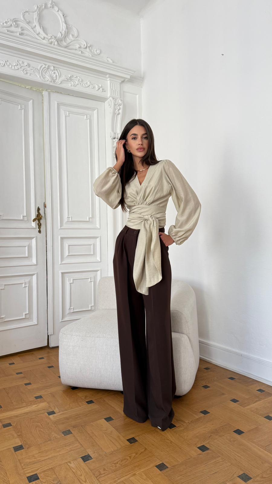 Koszula krótka wiązana oliwkowy beż - obrazek 3